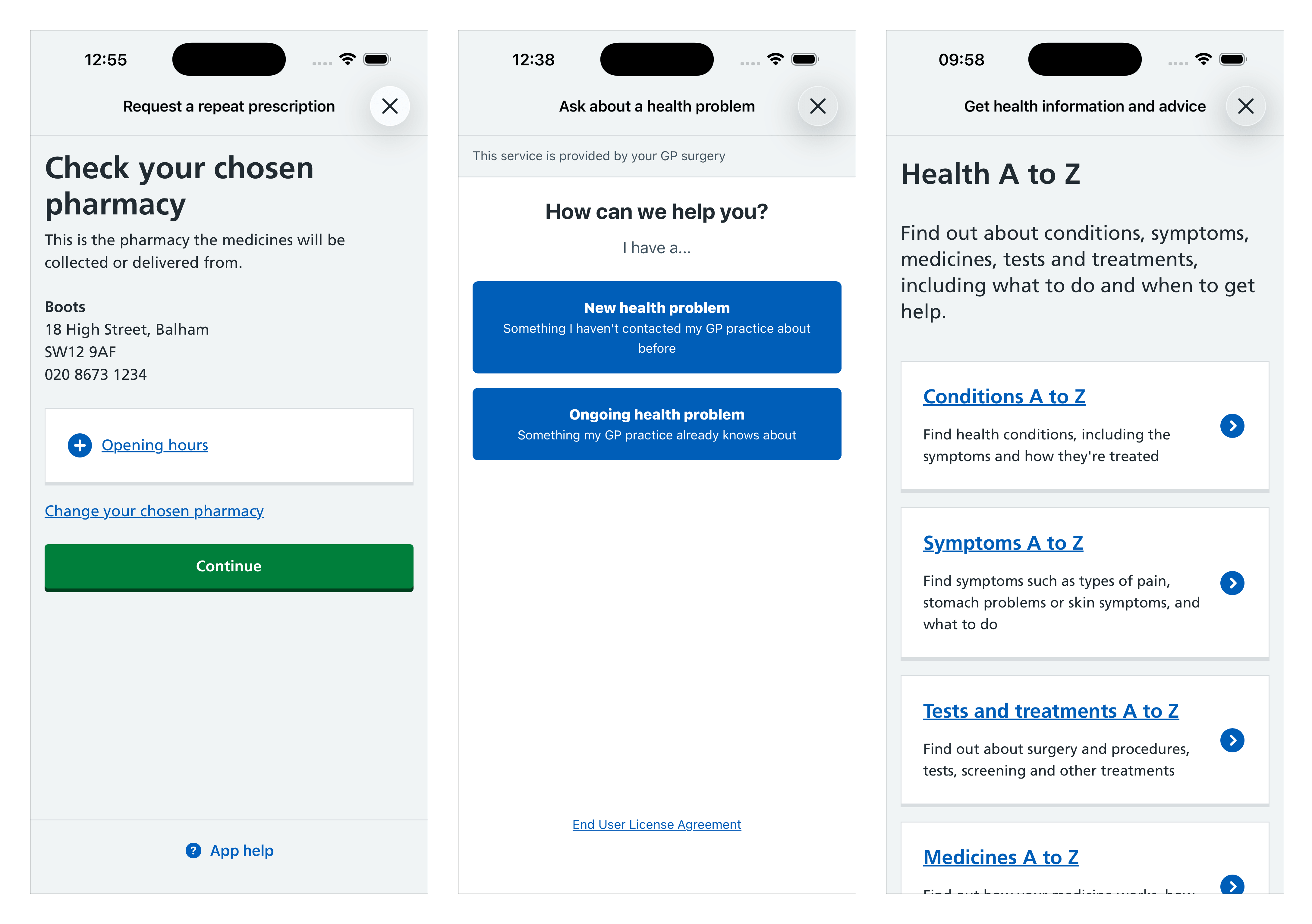 Examples of a custom web view being used for repeat prescriptions, online constulations and NHS website journeys.