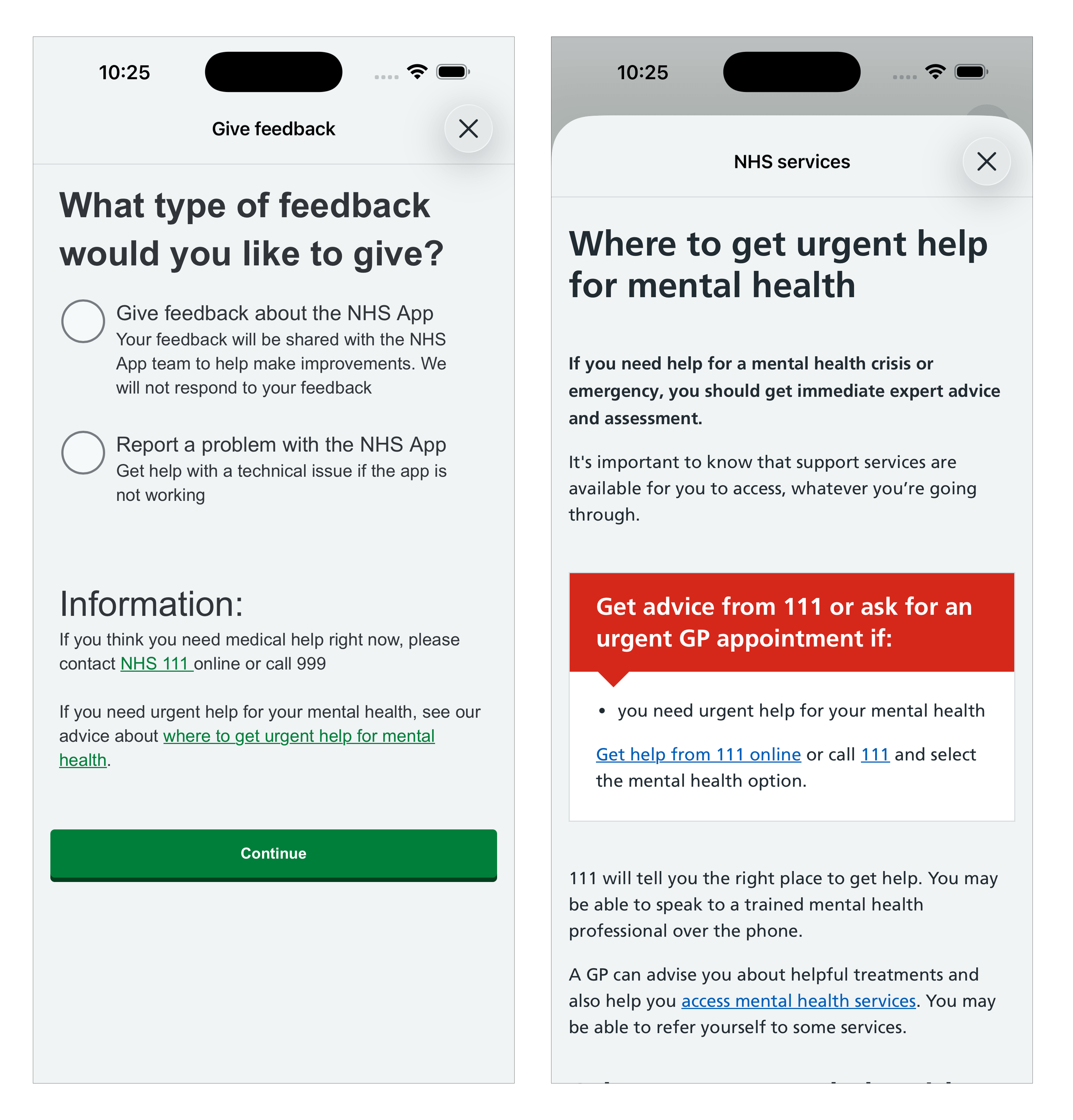 A video showing the Qualtrics survey opening in a full-screen custom web view, and an NHS website link on that journey opening as a sheet in a custom web view overlay.