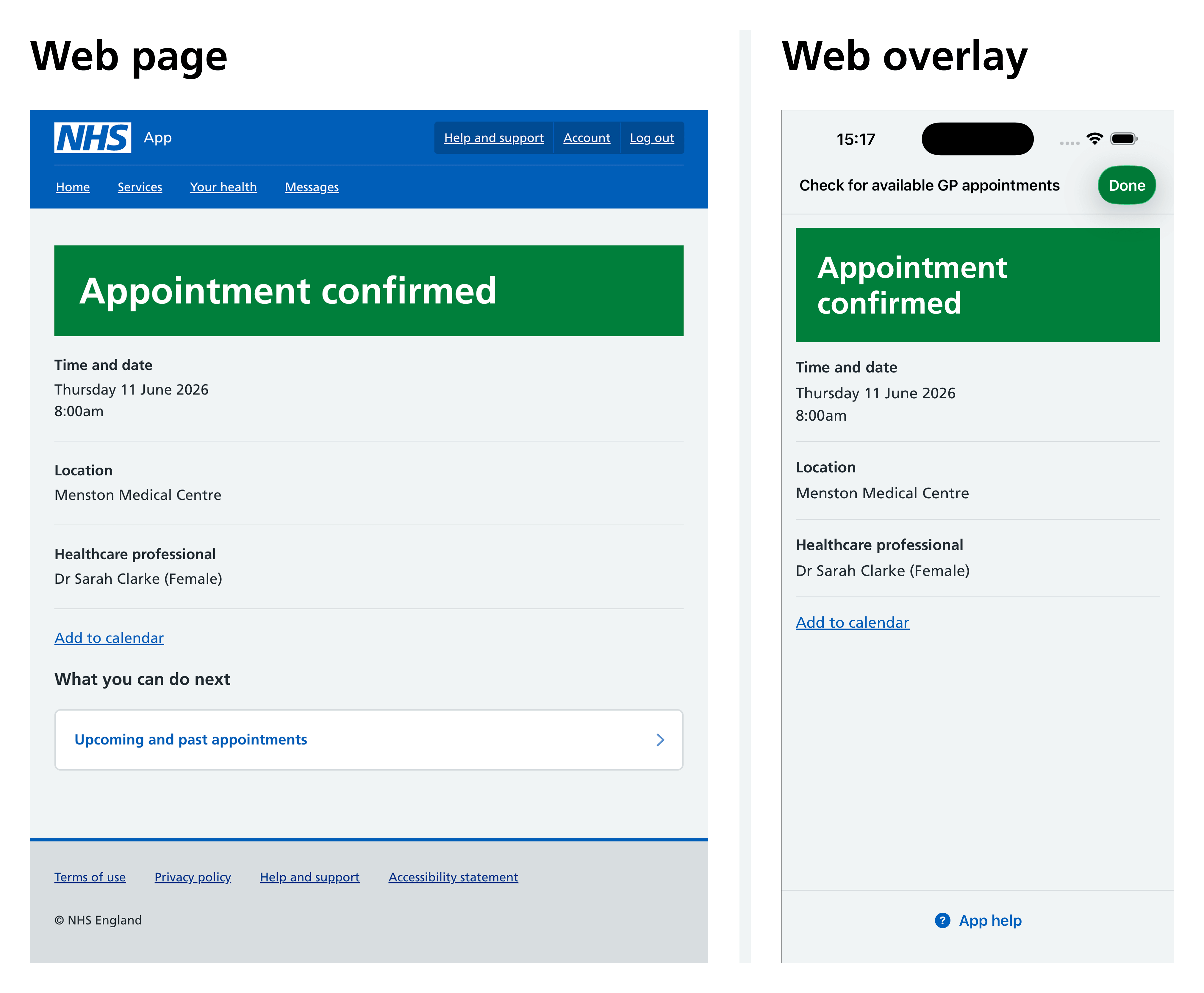 Example of an appointment confirmation screen. An upcoming and past appointments link is visible on a web page but hidden in the custom web view.