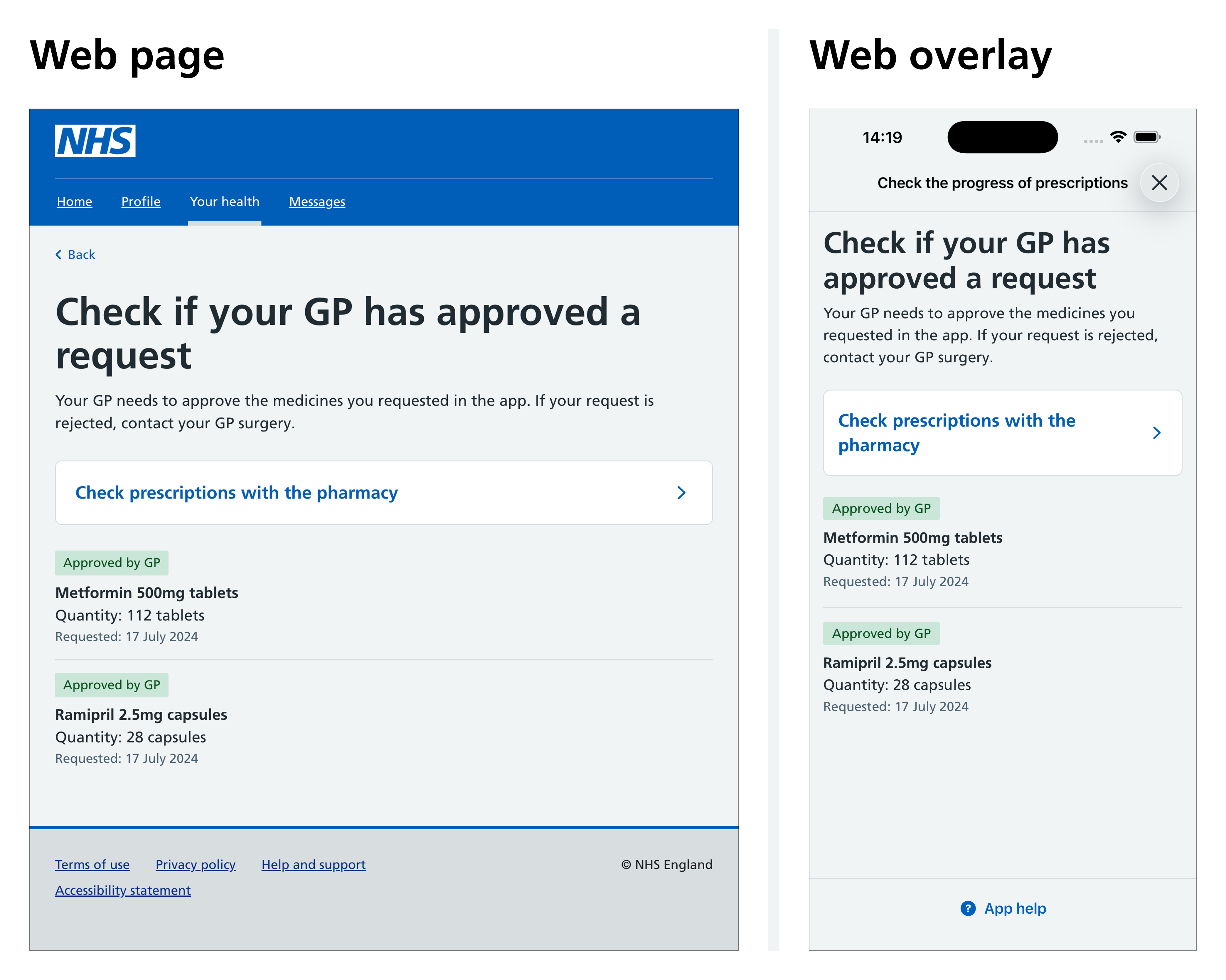 An example showing how the NHS website header and footer are visible in the web browser version of the app, but hidden when presented in the web overlay.