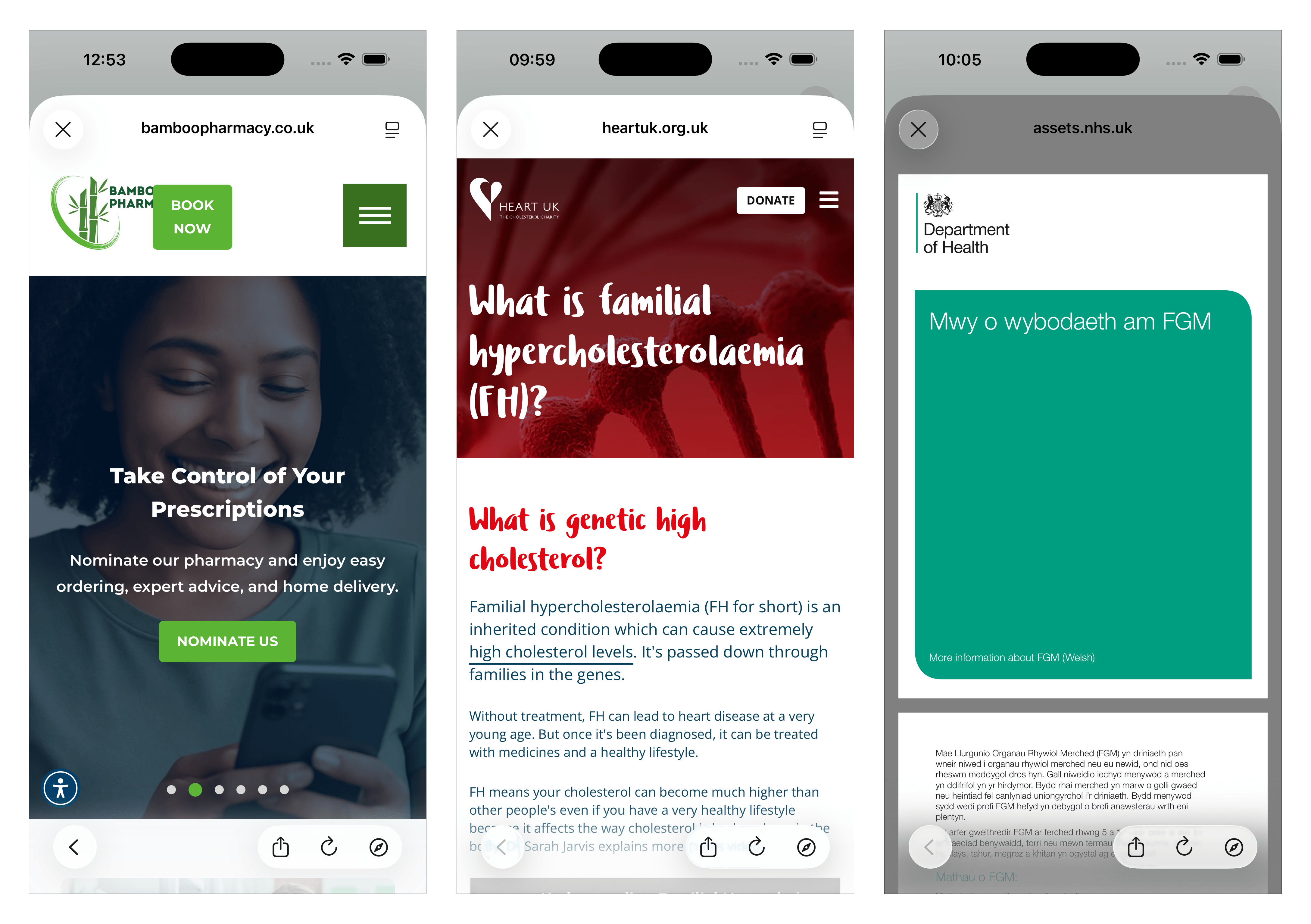 Examples of Safari View being used for the external websites Bamboo Pharmacy, British Heart Foundation and a Department of Health PDF.